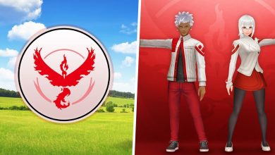 Image of the Team Valor logo split with an image of two Pokemon Go avatars in Team Valor apparel.