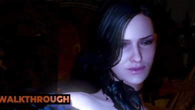 Yennefer's face is illuminated by bright blue magic as she channels a spell in The Witcher 3.