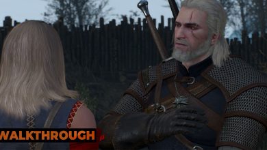 Geralt gives Kiera a suspicious look as they talk in the swamps of Velen.