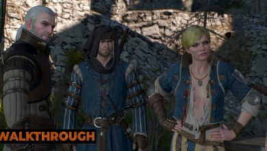 Geralt, Roche, and Ves look at someone off-screen in Kaer Morhen.