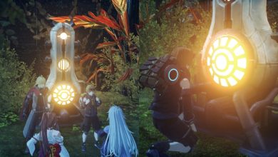 A collage of Shulk, Nikol, Glimmer, and A in front of the Old Ether Furnace with Nikol kneeling next to it in Xenoblade Chronicles 3: Future Redeemed.