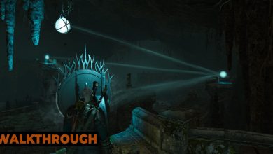 Geralt stands in a cavern illuminated by a set of mirrors.