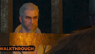 Geralt glowers at a guard while he is imprisoned in jail.
