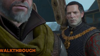 Emhyr glares at Geralt as they speak on the deck of a Nilfgaardian ship.