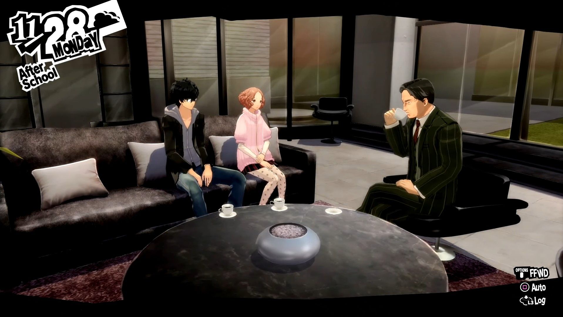 joker y haru presentando los granos de café de haru a un ejecutivo de alimentos okumura en persona 5 royal