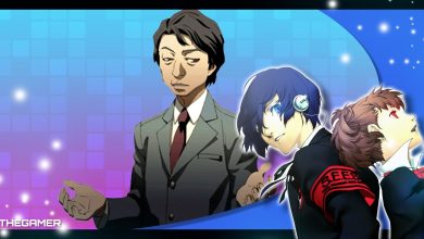 president tanaka on a gradient background with the two protagonists from persona 3 portable