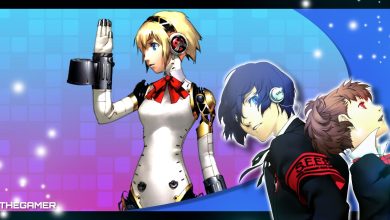aigis on a blue and purple background with the two protagonists of persona 3 portable