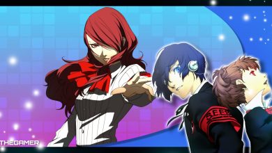 mitsuru kiriko on a blue and purple gradient background with the male and female protagonists of persona 3 portable