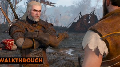 Geralt crosses his arms as he negotiates with a man at a battlefield.