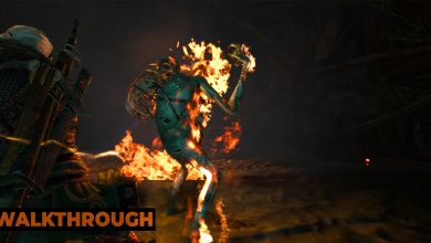 Geralt paces around a water hag set alight with his magic and lighting up the dark cave they are in.