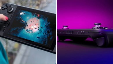 A person playing on a Steam Deck on the left and a picture of Steam Deck on the right.