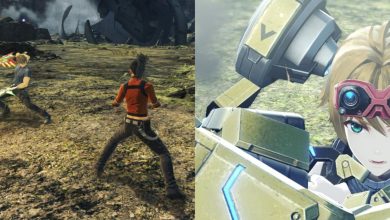 A collage of Matthew training with Rex and Nikol defending someone in Xenoblade Chronicles 3: Future Redeemed.