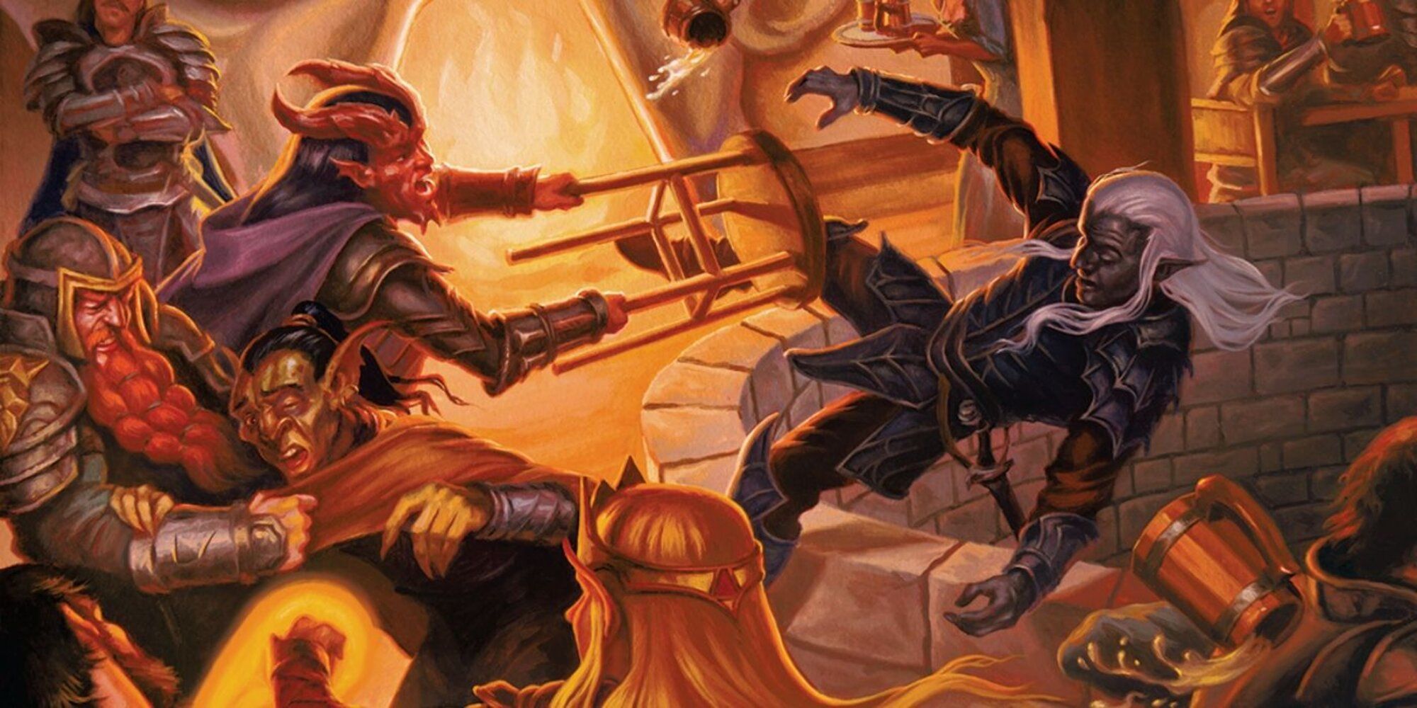 Dragones y Mazmorras: Drow evita que Tiefling balancee la silla durante una pelea en una taberna