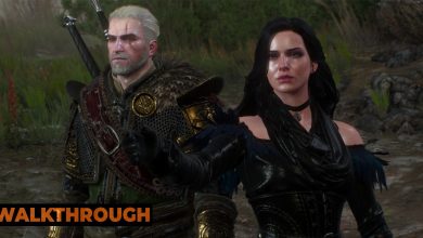 Geralt and Yennefer stand side by side, wet from a recent storm, as the sorceress outstretches her arm.
