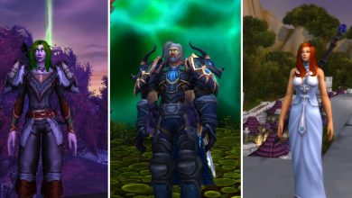 WoW Dragonflight Item Restoration Feature Header, featuring three characters with curated armor