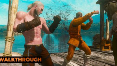 Geralt is sent reeling by a man dressed in orange hitting him.