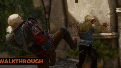 Geralt cocks his leg to kick an opponent into a wall.