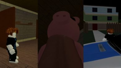 A collage of a character standing in a house, Piggy, and the player standing in front of a police car in Roblox: PIGGY.