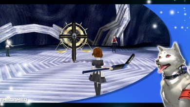 the female protagonist of persona 3 portable facing off against the world balance tartarus guardian shadow in p3p in our blue p3p koromaru frame
