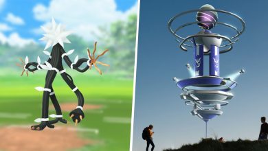 Image of Xurkitree from Pokemon split with an image of a Pokemon Go Raid