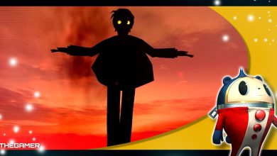 tohru adachi shrouded in shadow as he floats down in magatsu inaba to come battle the investigation team in persona 4 golden in our teddie p4g frame