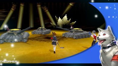 the female protagonist of persona 3 portable facing off against three arcane turret guardian shadows in our blue koromaru p3p frame