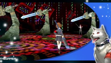 the female protagonist of persona 3 portable facing the three judgement sword guardian shadow enemies in the harabah block of tartarus in our blue koromaru p3p frame