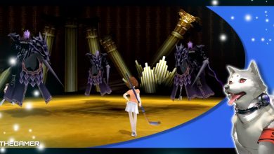 the female protagonist of persona 3 portable facing the three hell knight guardian shadows in the tziah block of tartarus in our blue koromaru p3p frame