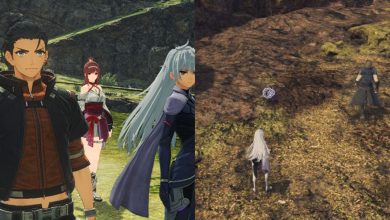 A collage of Noah, Gllimmer, A, and also A and Rex standing in a field in Xenoblade Chronicles 3: Future Redeemed.
