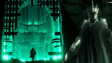 Talion approaches the tower of Minas Morgul (left). The Witch King welcomes you (right).