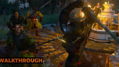 Geralt goes for an overhead cut as he fights a trio of spearmen.