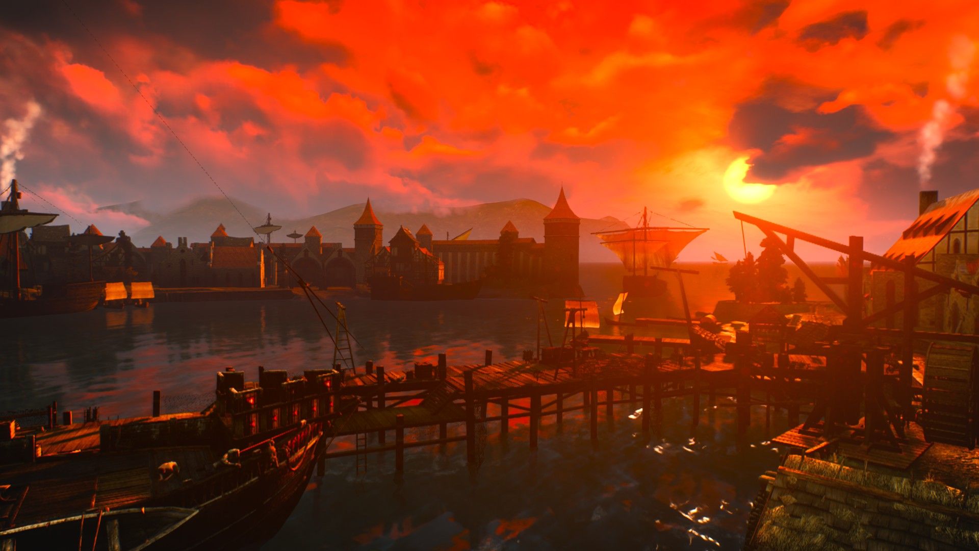 Un barco zarpa de una ciudad medieval mientras el sol vespertino baña los muelles con un intenso resplandor anaranjado.