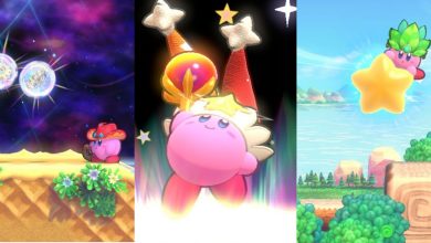 Split image screenshots of Kirby looking at two Energy Spheres, Kirby gaining the Flare Beam Super Ability, and Kirby riding on a star in Kirby's Return To Dream Land Deluxe.