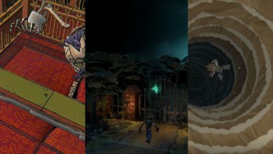 A collage of a casino monster, Toby approaching the mansion, and Toby falling down a pit in Paper Cut Mansion.