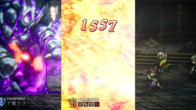 Octopath Traveler 2 - Grieving Golem, Glacis attacked with fire, and Throne holding an axe