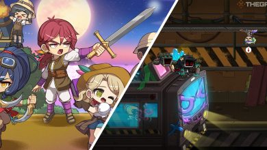 split image showing art of explorer characters, next to image of player hanging from grate above a subway