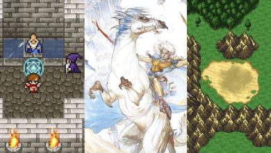 A collage of a Warrior talking with an elder, concept art, and the desert outside of Kazus in Final Fantasy 3 Pixel Remaster.