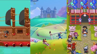 A collage of the pirates attacking, the loading screen, and the introduction of the island in Sports Story.