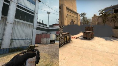 A collage showing a player holding a smoke grenade on the left and an area with smoke on the right.