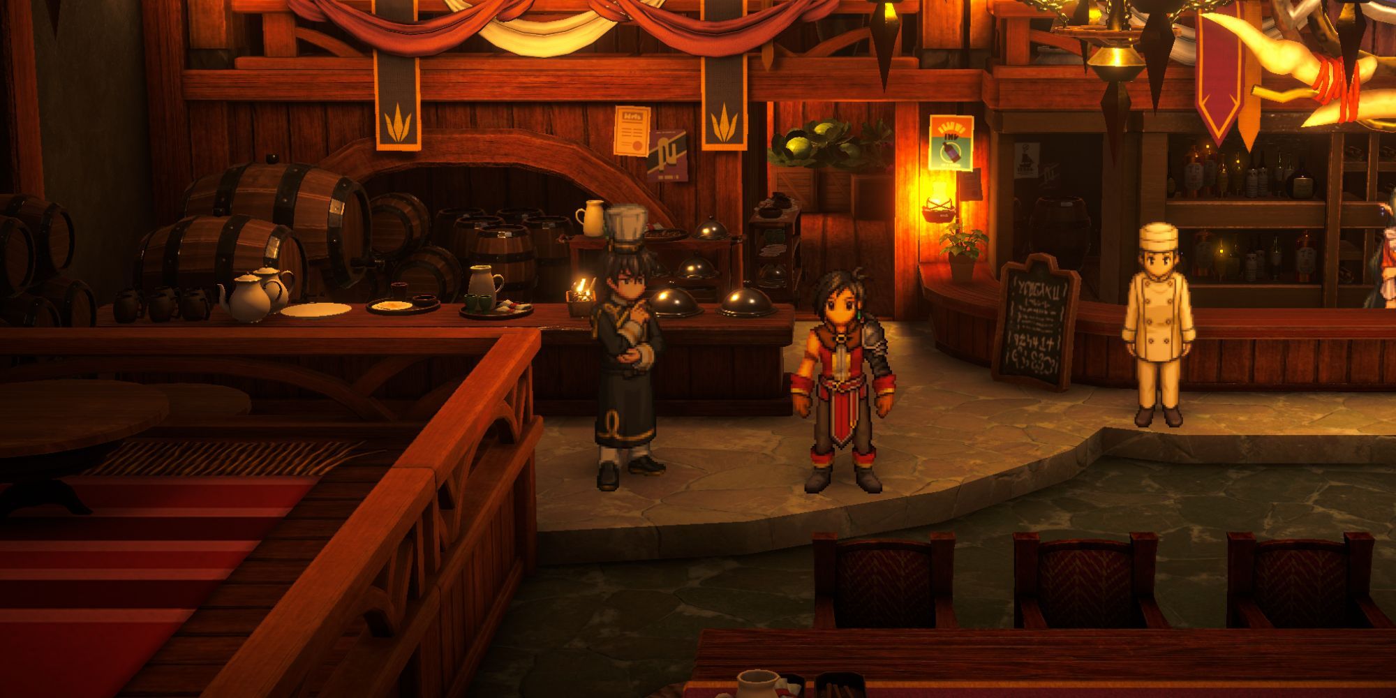 Eiyuden Chronicle Nowa junto a Kurtz en un restaurante
