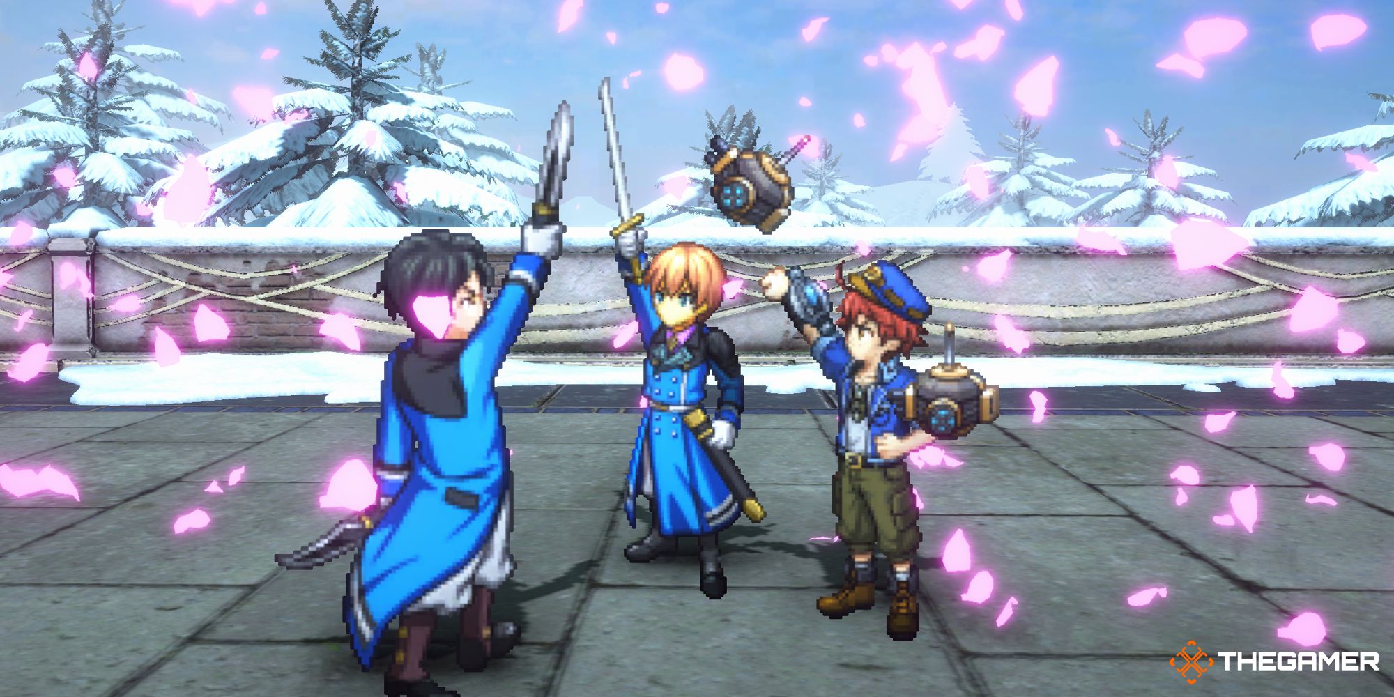 Imagen destacada de los personajes de Eiyuden Chronicle, Seign, Valentin y Pohl, preparando su ataque combinado de héroes jóvenes imperiales.