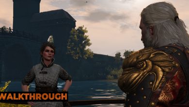 Rosa var Attre talks to Geralt by a bridge on a morning stroll with a bridge in the background.