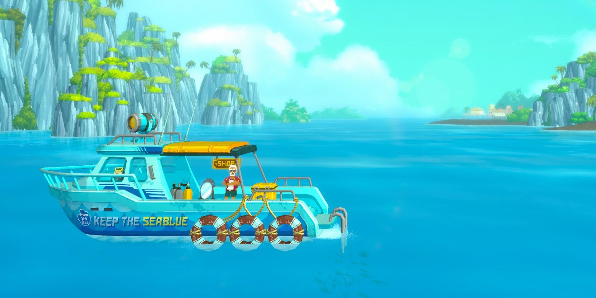 El barco de Dave the Diver con la apariencia Sea Blue.