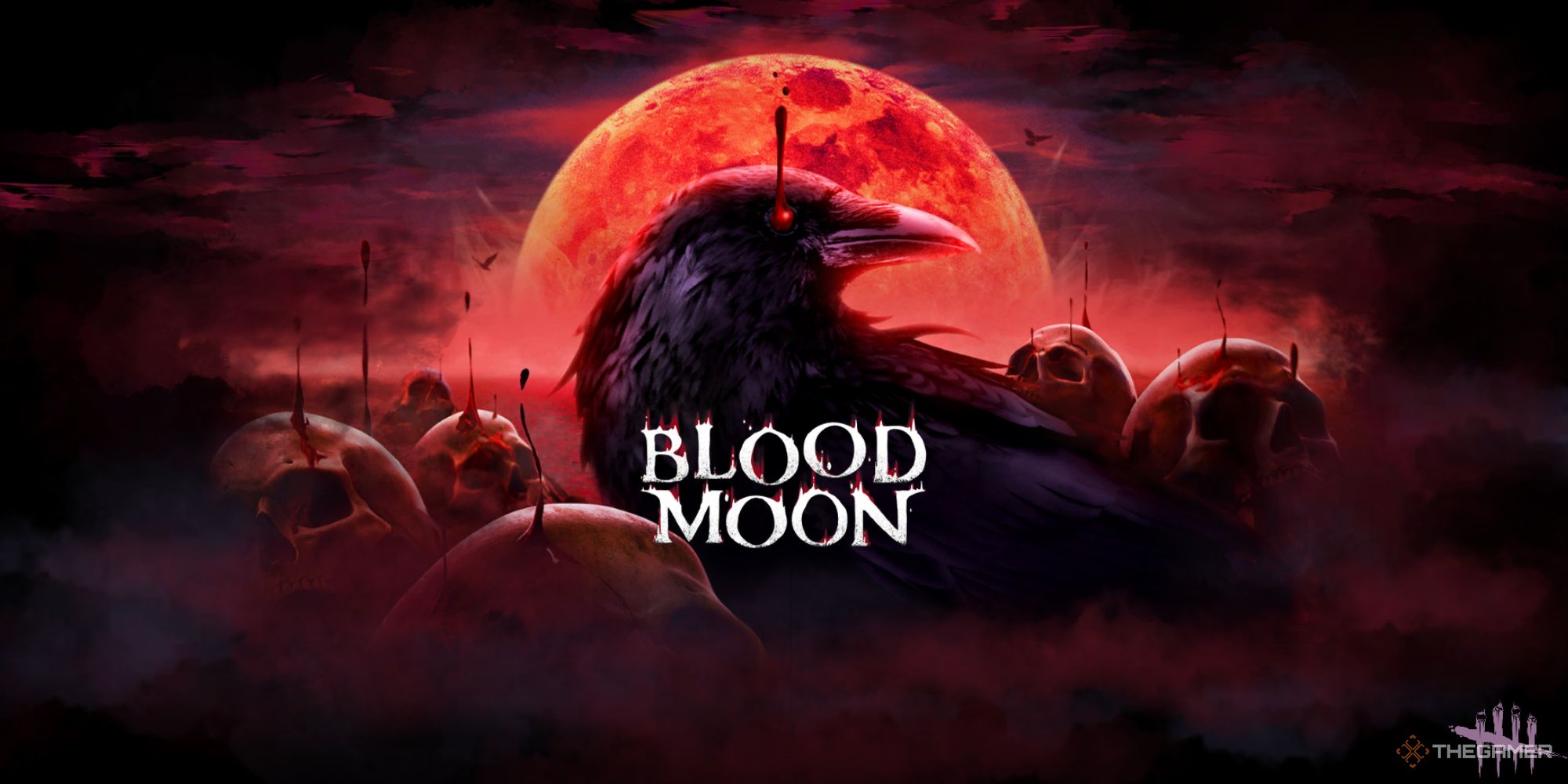 Un cuervo con el ojo inyectado en sangre se encuentra frente a una luna roja de sangre.