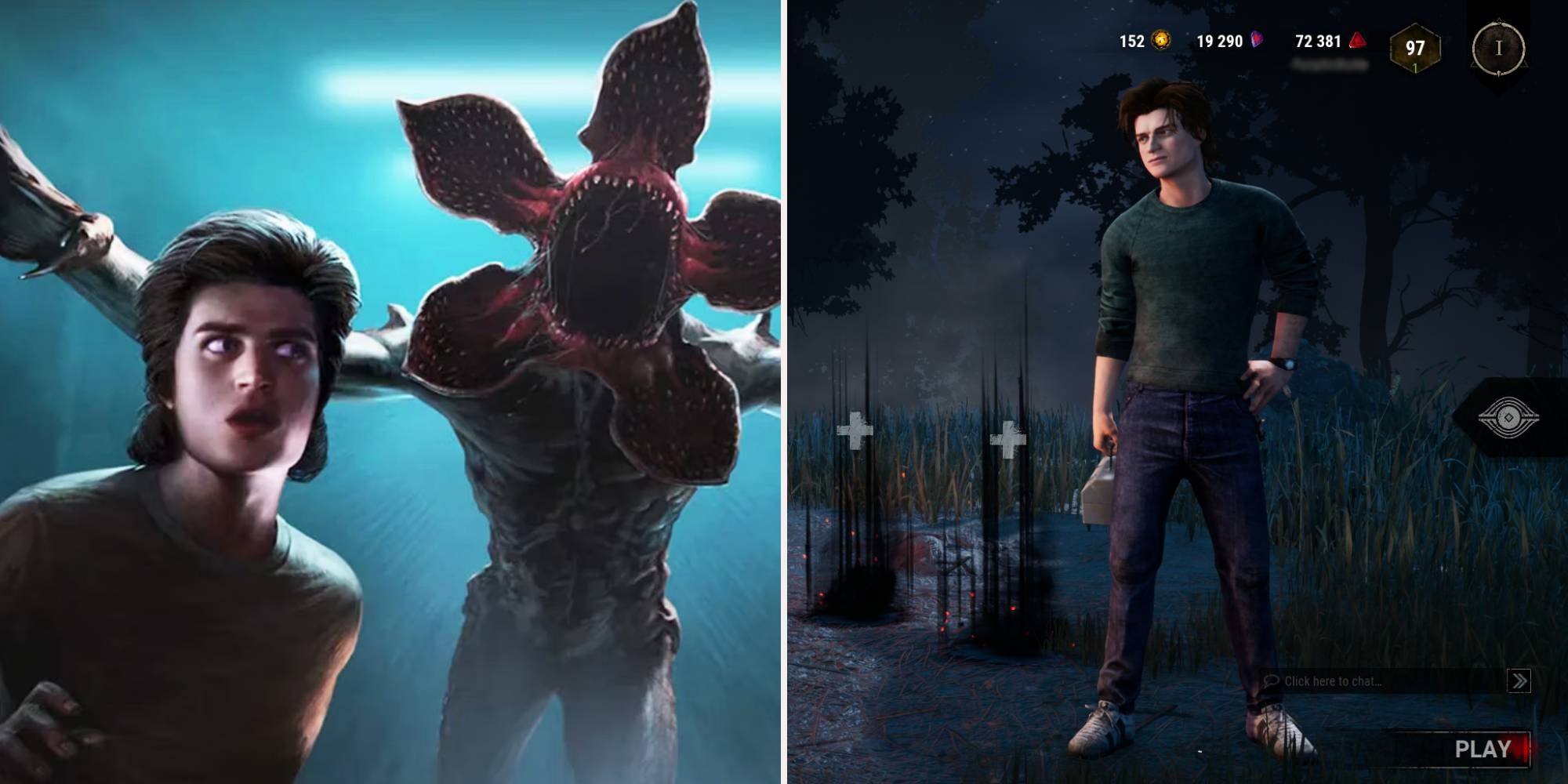A la izquierda, Steve Harrington se encoge de miedo junto a un Demogorgon.  Bien, Steve en el lobby del juego.