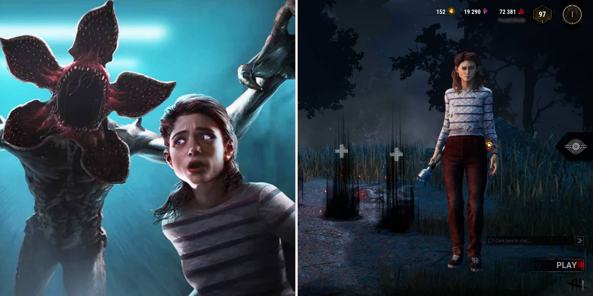 A la izquierda, Nancy Wheeler está asustada por el Demogorgon.  Bien, Nancy Wheeler en el lobby del juego.