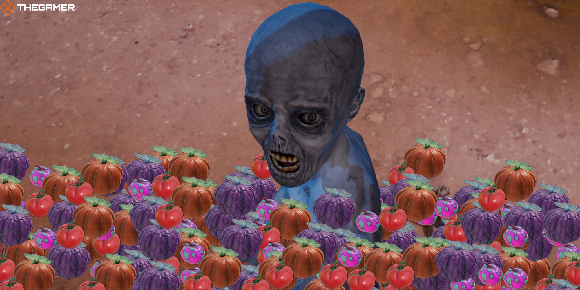 A zombie emerges from a patch of pumpkins, tomatoes, and zombie vegetables in Deadcraft. Custom image for TG.