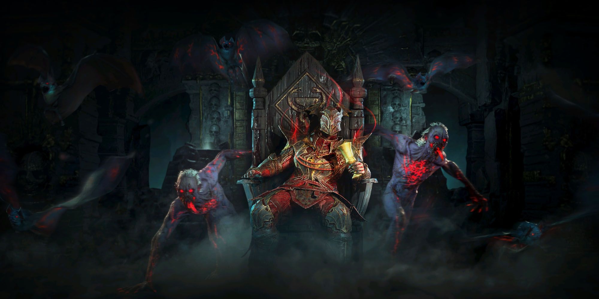 un vampiro con armadura descansando en un trono mientras los demonios atacan en la temporada de arte de carga de sangre