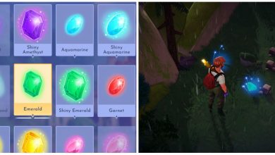 Disney Dreamlight Valley Mining emeralds and ores features an image of the inventory and a player mining gems