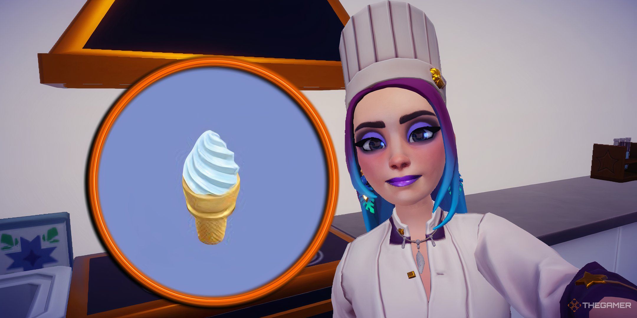 Avatar de Disney Dreamlight Valley de pie a la derecha de una estufa. La imagen de un cono de helado de vainilla está rodeada por un círculo naranja, con un fondo azul que llena el círculo. El avatar lleva un gorro y una camisa de chef mientras se prepara para cocinar.